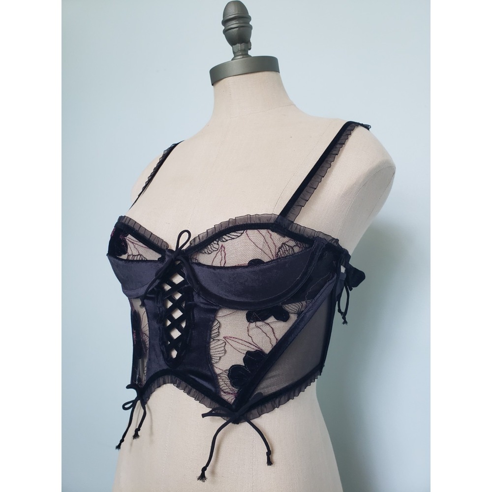For Love And Lemons Floral Black Velvet Bustier Corset Fairycore XXS Sheer NWT